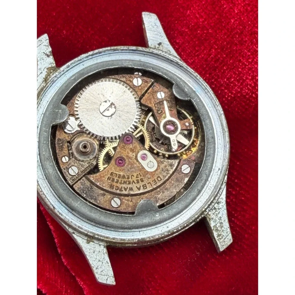 Vintage Delba Watch 17 Jewels Swiss Manual Wind Military Style Parts Repair 33mm
